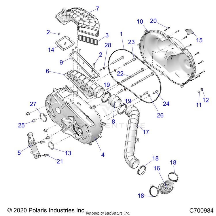 An Image of a Genuine Polaris Parts Schematic Diagram showing the schematic - DRIVE TRAIN: CLUTCH COVER & DUCTING - 2020 POLARIS RANGER CREW XP 1000 EPS TX CA