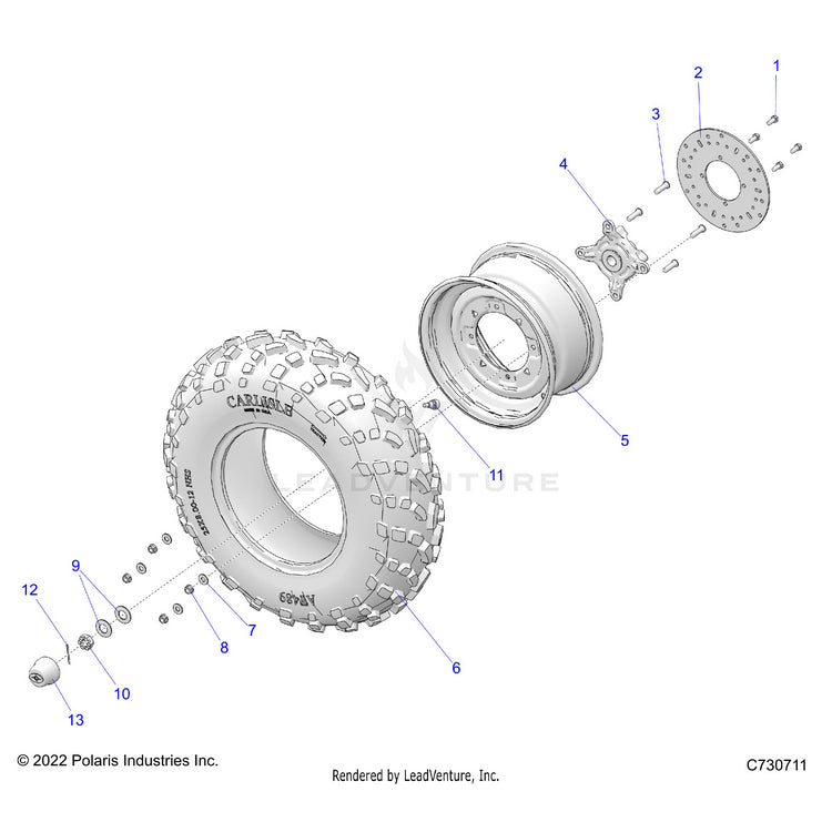 An Image of a Genuine Polaris Parts Schematic Diagram showing the schematic - WHEELS: FRONT - 2023 POLARIS RANGER 570 CREW FULL SIZE