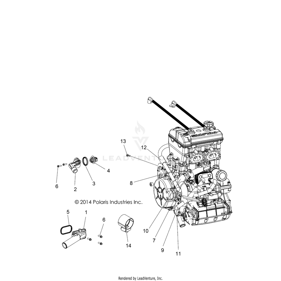 An Image of a Genuine Polaris Parts Schematic Diagram showing the schematic - ENGINE: COOLING THERMOSTAT & BYPASS - 2015 POLARIS RANGER 900 XP
