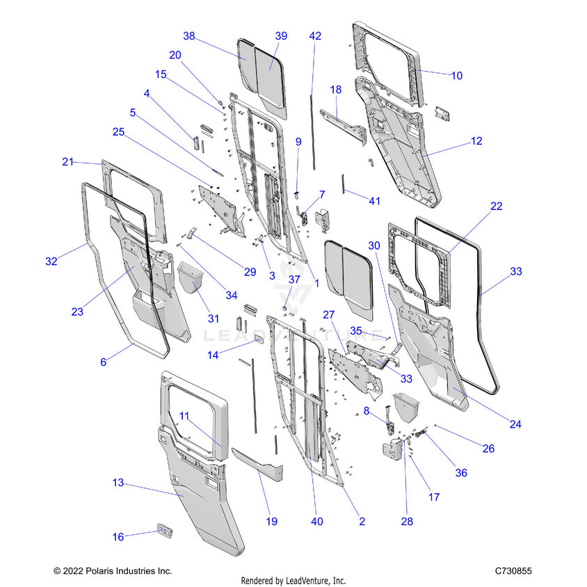 An Image of a Genuine Polaris Parts Schematic Diagram showing the schematic - BODY: DOOR REAR CRANK - 2024 POLARIS RANGER 1000 XP NORTHSTAR ULTIMATE CREW