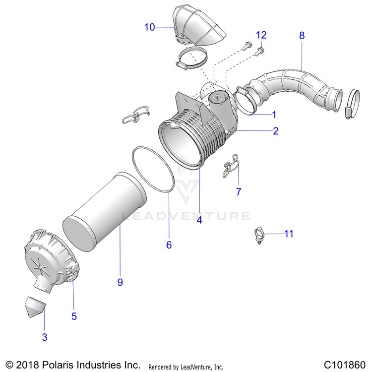 An Image of a Genuine Polaris Parts Schematic Diagram showing the schematic - ENGINE: AIR INTAKE SYSTEM - 2021 POLARIS RANGER 150 EFI