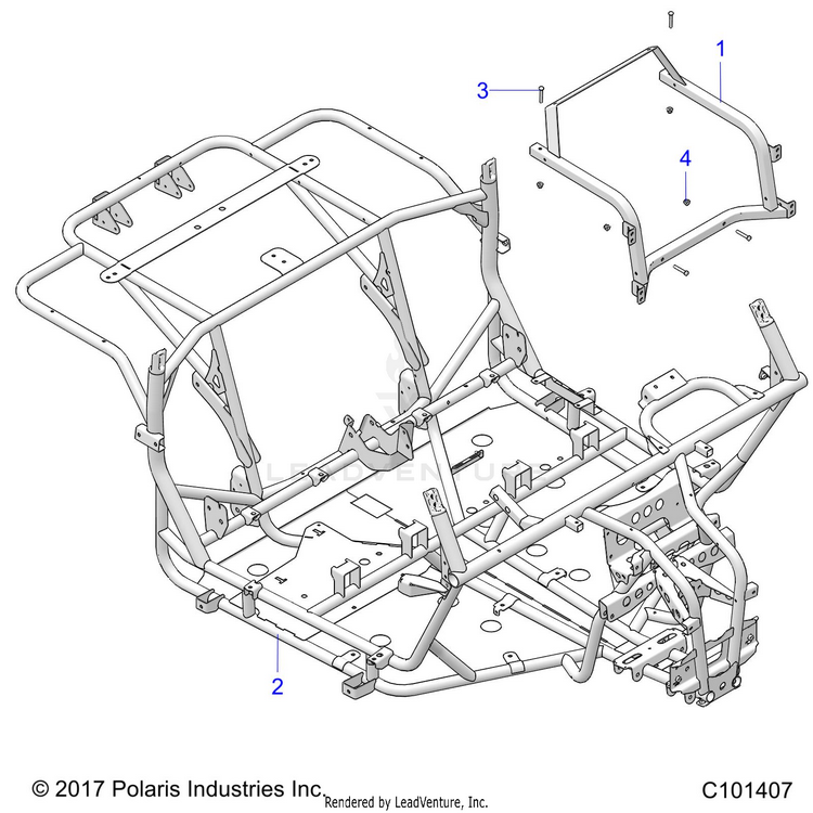 An Image of a Genuine Polaris Parts Schematic Diagram showing the schematic - CHASSIS: MAIN FRAME - 2019 POLARIS RANGER 150 EFI
