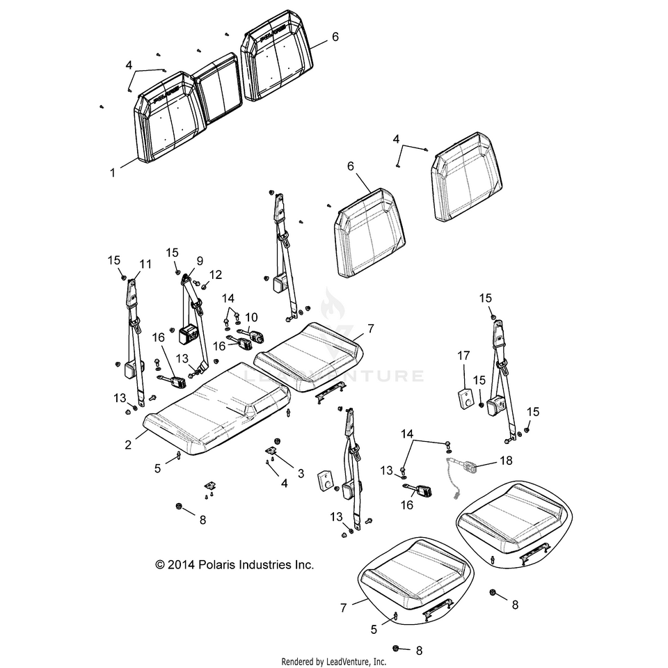 An Image of a Genuine Polaris Parts Schematic Diagram showing the schematic - BODY: SEAT REAR 60/40 - 2015 POLARIS RANGER CREW 900