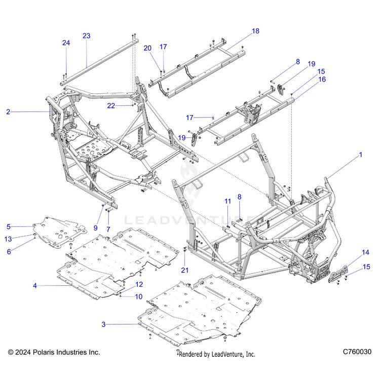 An Image of a Genuine Polaris Parts Schematic Diagram showing the schematic - CHASSIS: MAIN FRAME - 2025 POLARIS GENERAL 4 1000 SPORT