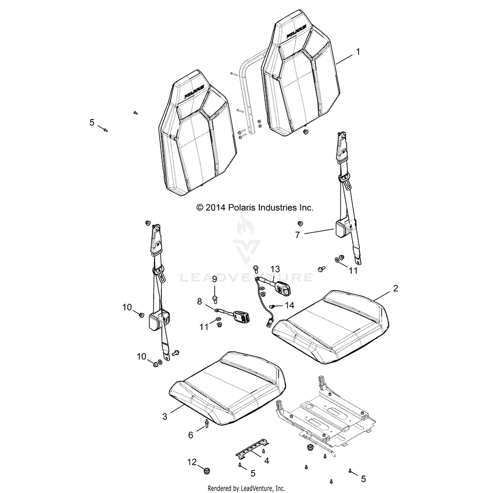 An Image of a Genuine Polaris Parts Schematic Diagram showing the schematic - BODY: SEAT - 2015 POLARIS RANGER 900 XP