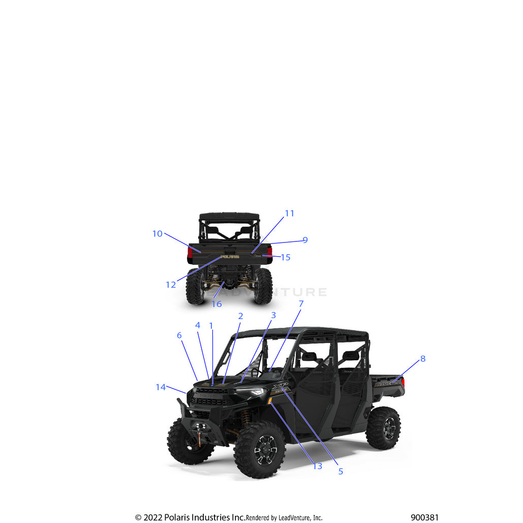 An Image of a Genuine Polaris Parts Schematic Diagram showing the schematic - BODY: DECALS GRAPHIC - 2022 POLARIS RANGER CREW XP 1000 EPS TEXAS EDITION CA