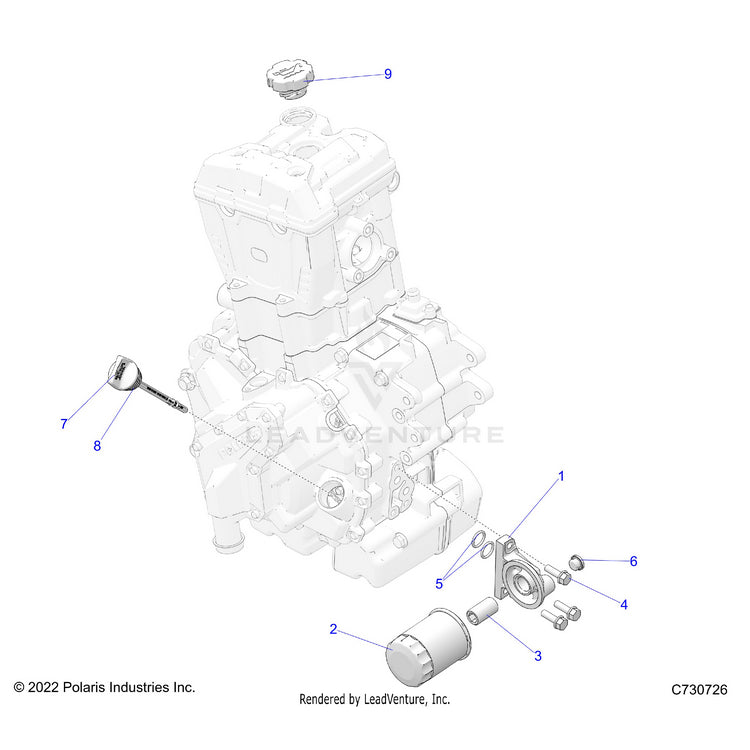 An Image of a Genuine Polaris Parts Schematic Diagram showing the schematic - ENGINE: OIL FILTER & DIPSTICK - 2024 POLARIS RANGER 570 CREW