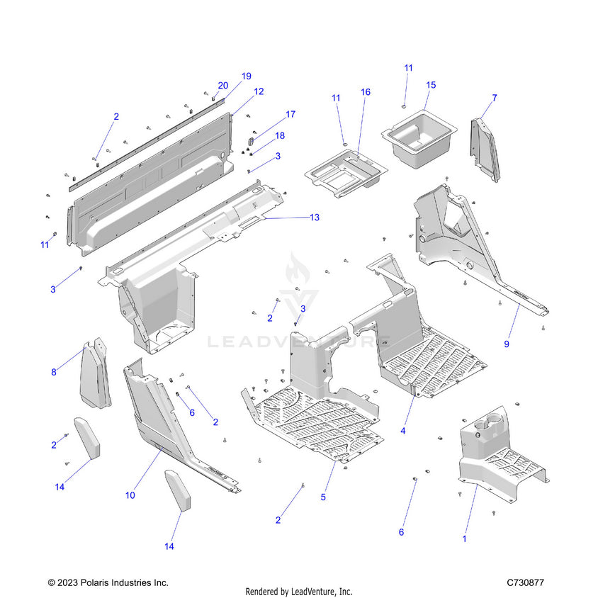 An Image of a Genuine Polaris Parts Schematic Diagram showing the schematic - BODY: FLOOR REAR - 2023 POLARIS RANGER CREW XP 1000 PREMIUM