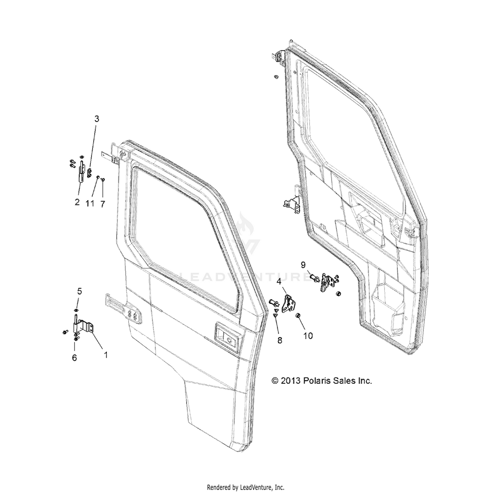 An Image of a Genuine Polaris Parts Schematic Diagram showing the schematic - BODY: DOOR MOUNTING - 2015 POLARIS RANGER 900 XP