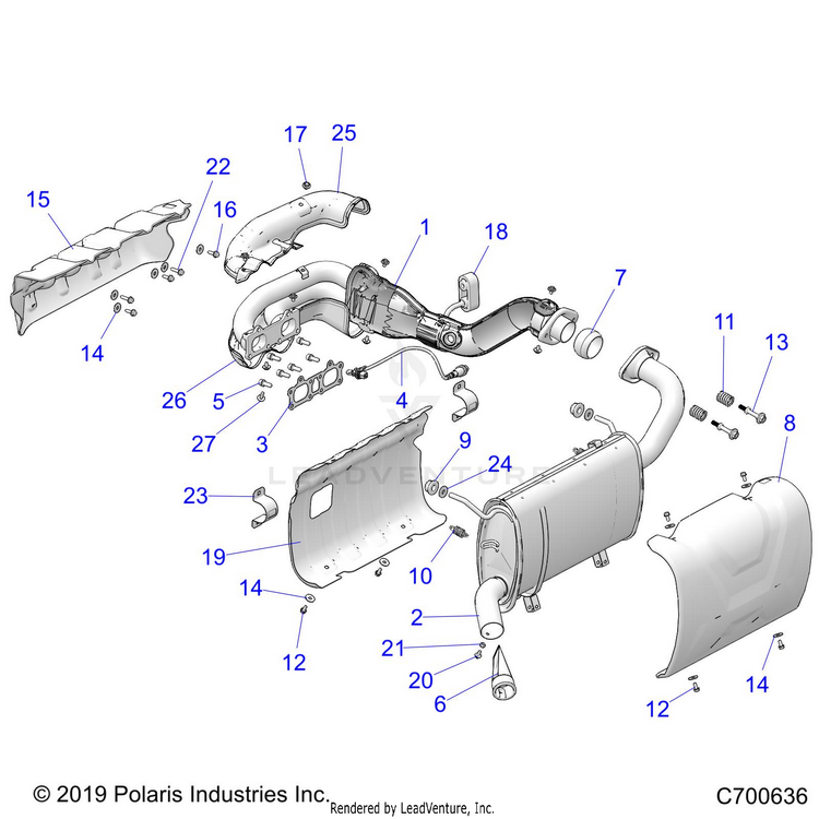 An Image of a Genuine Polaris Parts Schematic Diagram showing the schematic - ENGINE: EXHAUST - 2020 POLARIS RANGER CREW XP 1000 EPS NORTHSTAR RIDE COMMAND