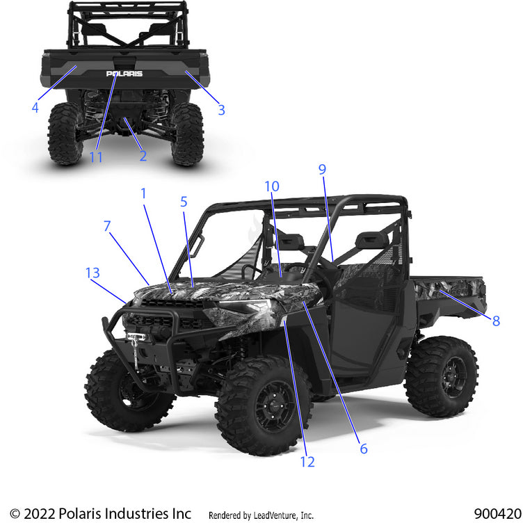 An Image of a Genuine Polaris Parts Schematic Diagram showing the schematic - BODY: DECALS GRAPHICS - 2022 POLARIS RANGER XP 1000 BIG GAME EVAP