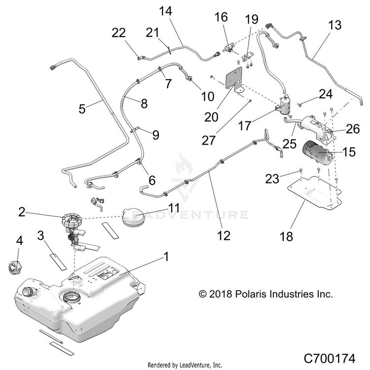 An Image of a Genuine Polaris Parts Schematic Diagram showing the schematic - BODY: FUEL TANK - 2019 POLARIS GENERAL 1000 EPS
