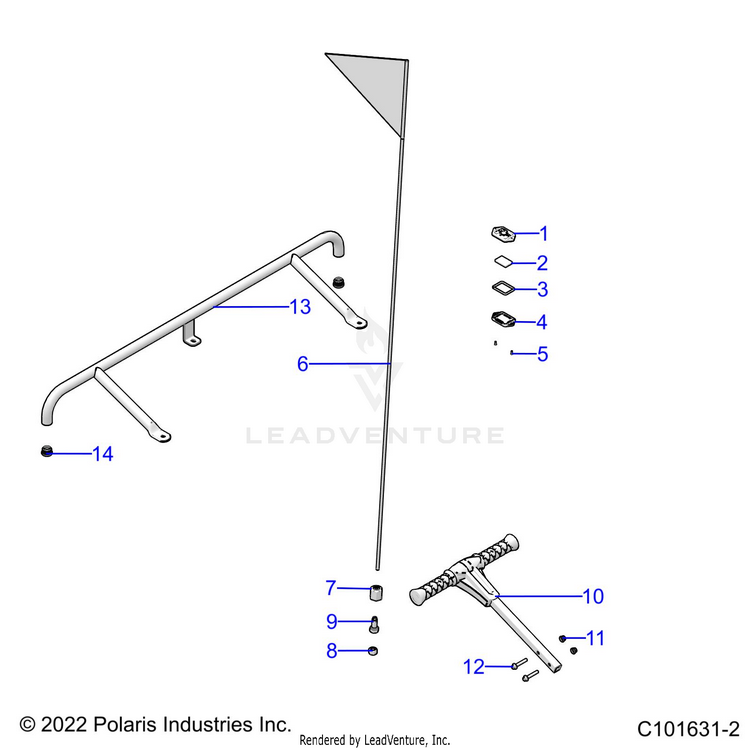 An Image of a Genuine Polaris Parts Schematic Diagram showing the schematic - BODY: BUMPER REAR FLAG BEACON & PASS HANDLE - 2022 POLARIS RANGER 150 EFI