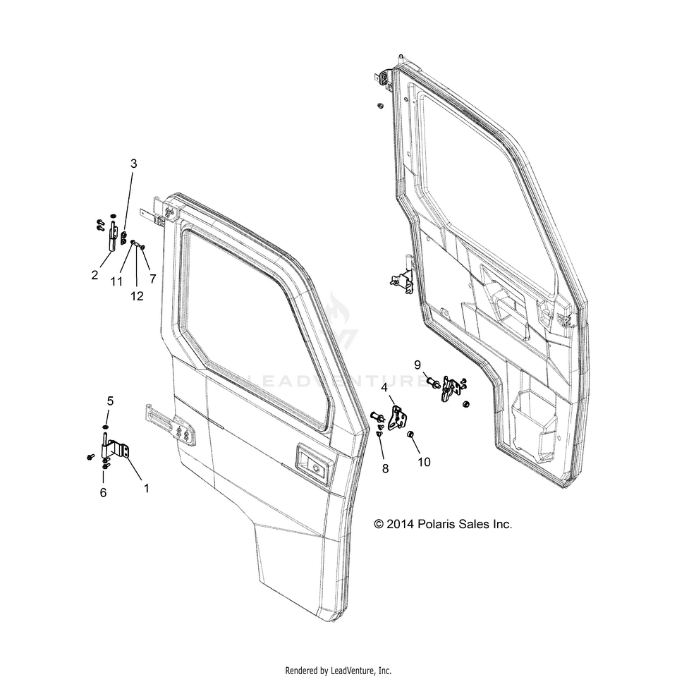 An Image of a Genuine Polaris Parts Schematic Diagram showing the schematic - BODY: DOOR MOUNTING - 2017 POLARIS RANGER HST