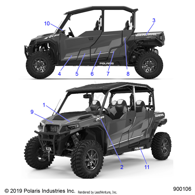 An Image of a Genuine Polaris Parts Schematic Diagram showing the schematic - BODY: DECALS - 2020 POLARIS GENERAL XP 4 1000 RIDE COMMAND