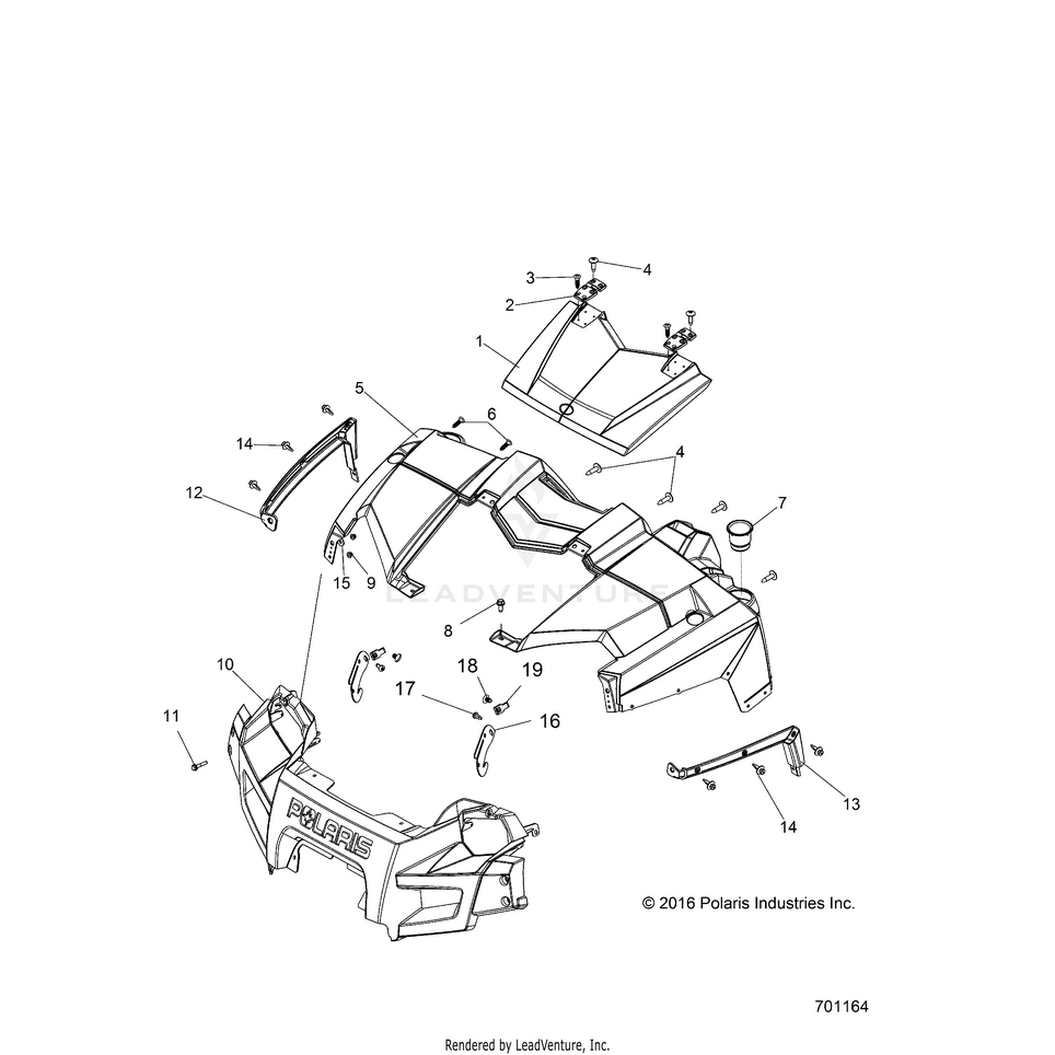 An Image of a Genuine Polaris Parts Schematic Diagram showing the schematic - BODY: HOOD & FRONT FASCIA - 2022 POLARIS RANGER 570 FULL SIZE