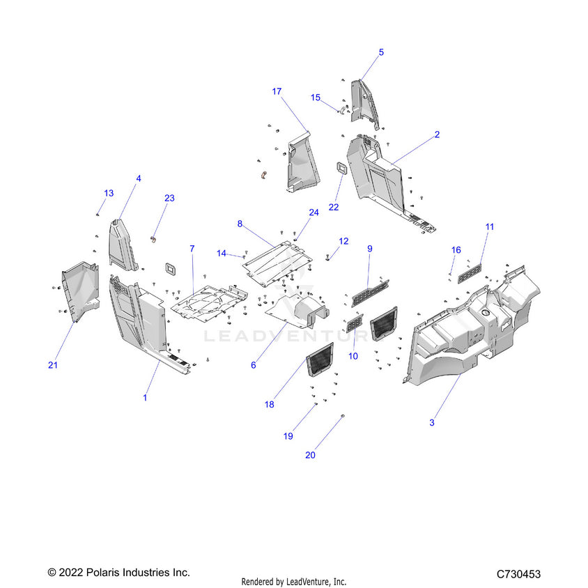 An Image of a Genuine Polaris Parts Schematic Diagram showing the schematic - BODY: FLOOR & ROCKERS - 2024 POLARIS RANGER 570 PREMIUM