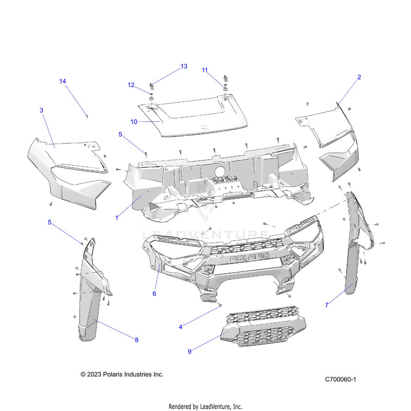 An Image of a Genuine Polaris Parts Schematic Diagram showing the schematic - BODY: HOOD & FRONT FASCIA - 2024 POLARIS RANGER 1000 XP NORTHSTAR