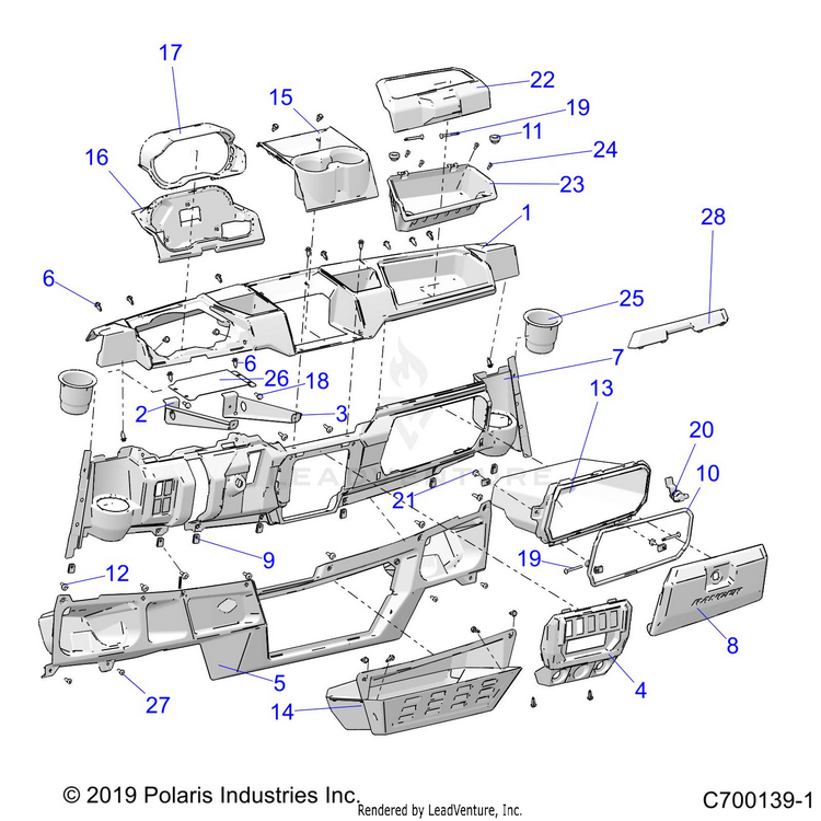 An Image of a Genuine Polaris Parts Schematic Diagram showing the schematic - BODY: DASH - 2020 POLARIS RANGER CREW XP 1000 EPS NORTHSTAR