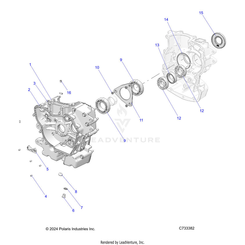 An Image of a Genuine Polaris Parts Schematic Diagram showing the schematic - ENGINE: CRANKCASE - 2025 POLARIS RANGER 570 CREW