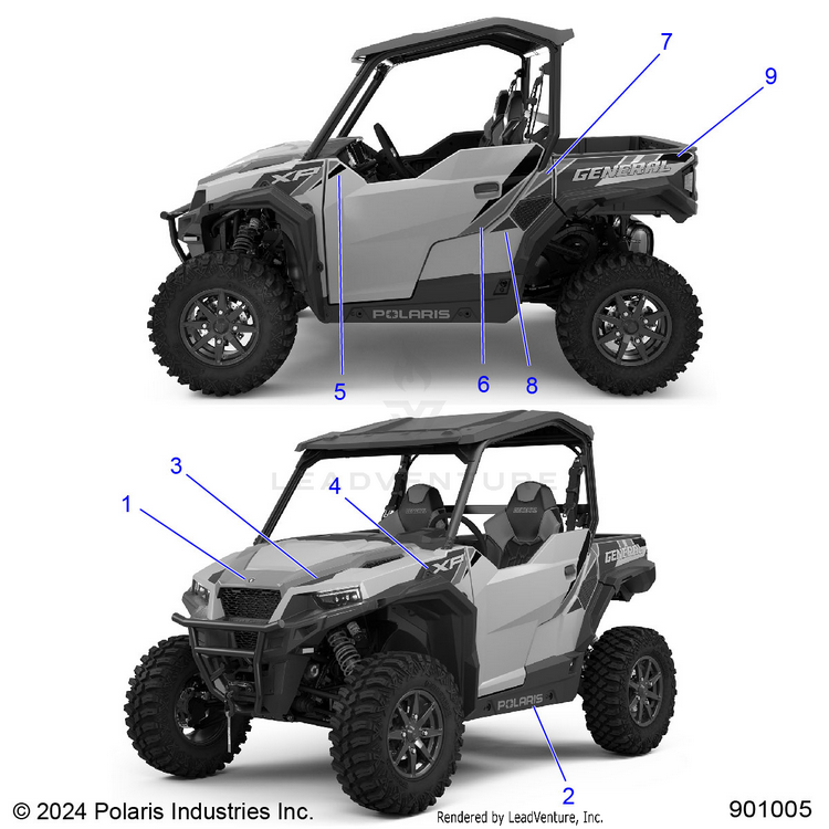 An Image of a Genuine Polaris Parts Schematic Diagram showing the schematic - BODY: DECALS - 2025 POLARIS GENERAL XP 1000 SPORT