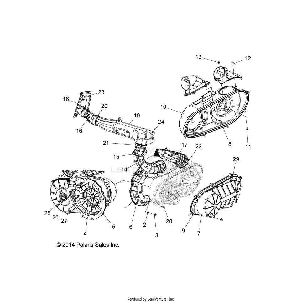 An Image of a Genuine Polaris Parts Schematic Diagram showing the schematic - BODY: CLUTCH COVER & DUCTING - 2016 POLARIS RANGER CREW 1000 DIESEL