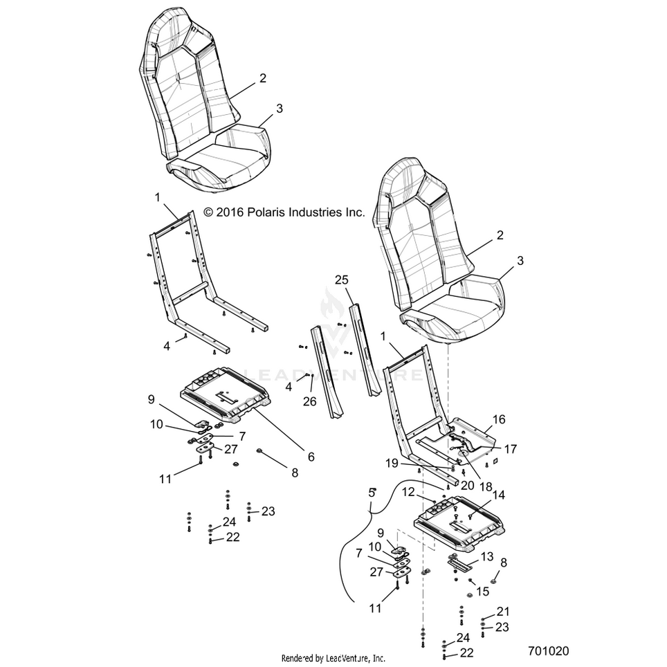 An Image of a Genuine Polaris Parts Schematic Diagram showing the schematic - BODY: SEAT ASM. AND SLIDER - 2022 POLARIS GENERAL 4 1000 DELUXE RIDE COMMAND