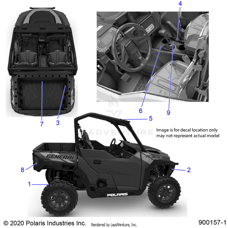 An Image of a Genuine Polaris Parts Schematic Diagram showing the schematic - BODY: DECALS WARNING - 2022 POLARIS GENERAL 1000 DELUXE EPS