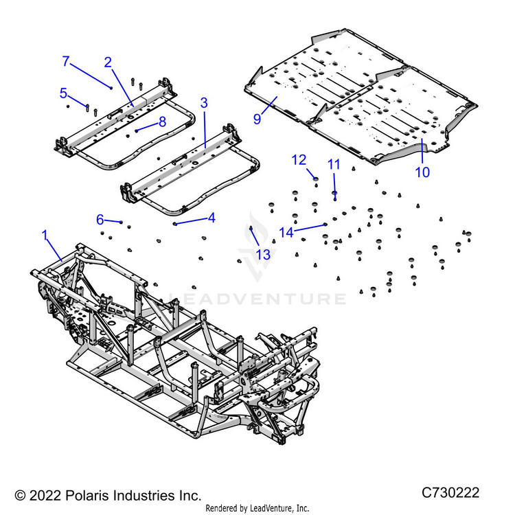 An Image of a Genuine Polaris Parts Schematic Diagram showing the schematic - CHASSIS: FRAME - 2022 POLARIS RANGER CREW 570 NORTHSTAR