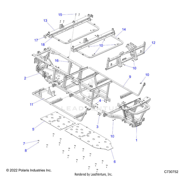 An Image of a Genuine Polaris Parts Schematic Diagram showing the schematic - CHASSIS: FRAME - 2025 POLARIS RANGER 570 CREW FULL SIZE