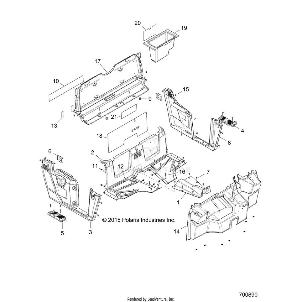 An Image of a Genuine Polaris Parts Schematic Diagram showing the schematic - BODY: FLOOR & FENDERS - 2017 POLARIS RANGER 570