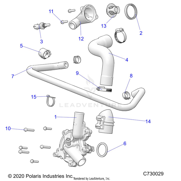 An Image of a Genuine Polaris Parts Schematic Diagram showing the schematic - ENGINE: WATERPUMP & BYPASS - 2021 POLARIS RANGER CREW XP 1000 NORTHSTAR PREMIUM AUDIO