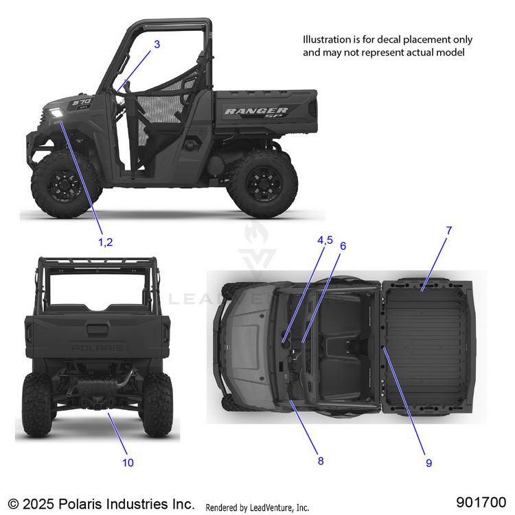 An Image of a Genuine Polaris Parts Schematic Diagram showing the schematic - BODY: DECALS GENERAL - 2026 POLARIS RANGER 570 EPS