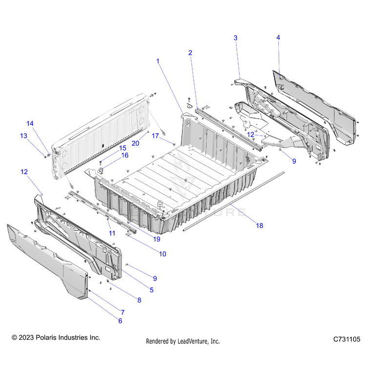 An Image of a Genuine Polaris Parts Schematic Diagram showing the schematic - BODY: BOX ASSEMBLY - 2024 POLARIS RANGER XD 1500 NORTHSTAR CREW