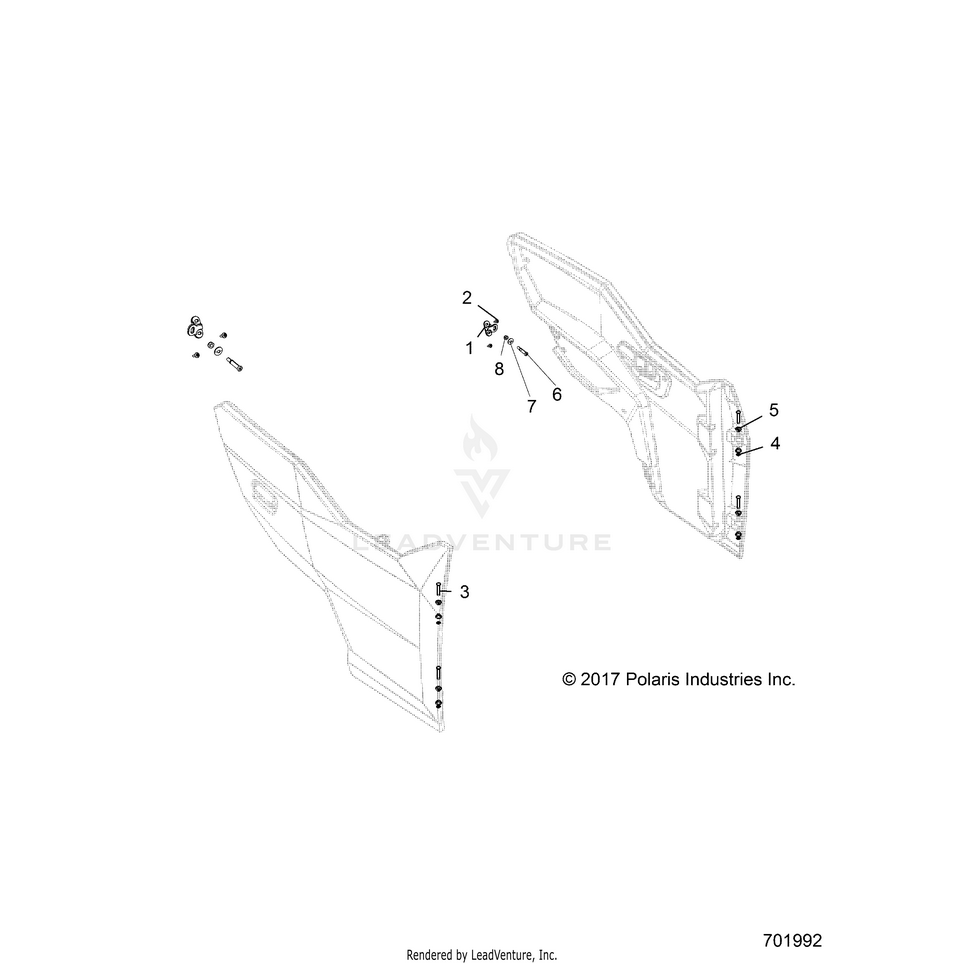 An Image of a Genuine Polaris Parts Schematic Diagram showing the schematic - BODY: DOOR MOUNTING FRONT - 2020 POLARIS GENERAL 4 1000 DELUXE OPT1
