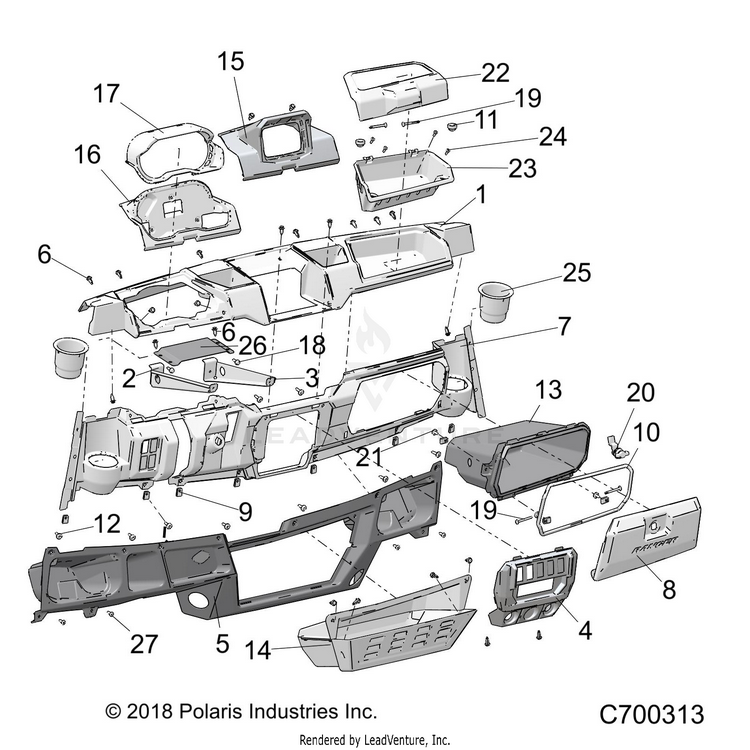 An Image of a Genuine Polaris Parts Schematic Diagram showing the schematic - BODY: DASH - 2019 POLARIS RANGER CREW XP 1000 NORTHSTAR RIDE COMMAND
