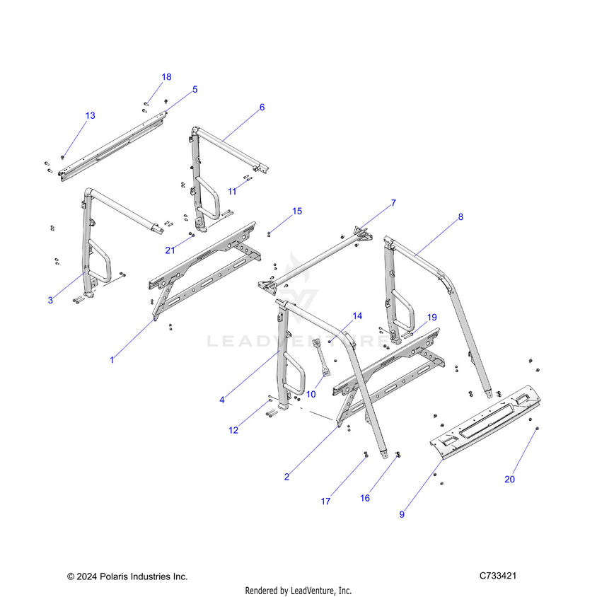 An Image of a Genuine Polaris Parts Schematic Diagram showing the schematic - CHASSIS: CAB FRAME - 2025 POLARIS RANGER 570 CREW