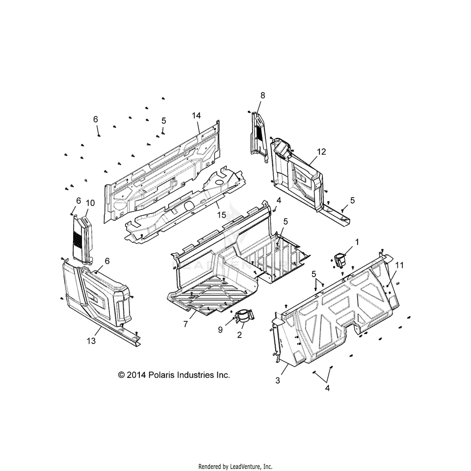 An Image of a Genuine Polaris Parts Schematic Diagram showing the schematic - BODY: FLOOR REAR - 2015 POLARIS RANGER CREW 570 EFI FULL SIZE
