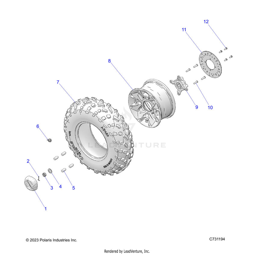 An Image of a Genuine Polaris Parts Schematic Diagram showing the schematic - WHEELS: FRONT PREMIUM - 2025 POLARIS RANGER 570 PREMIUM