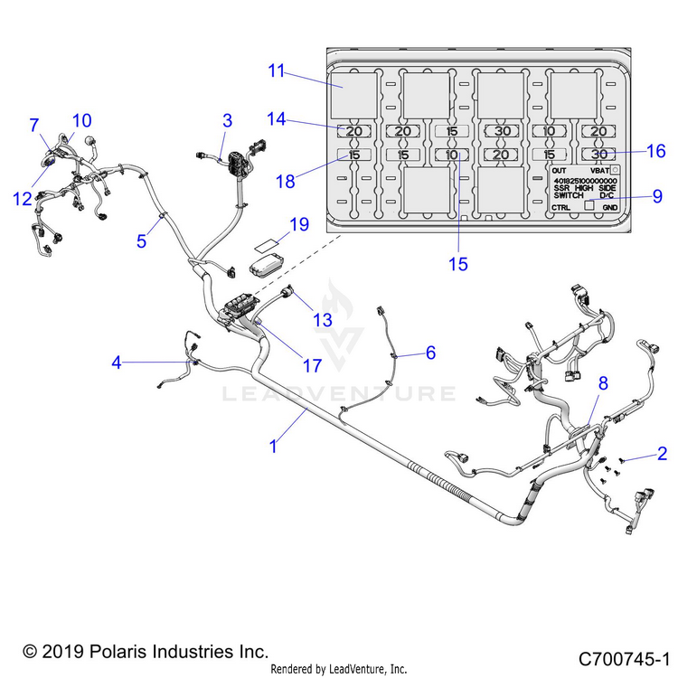 An Image of a Genuine Polaris Parts Schematic Diagram showing the schematic - ELECTRICAL: WIRE HARNESS - 2020 POLARIS RANGER CREW 1000 EPS FULL SIZE