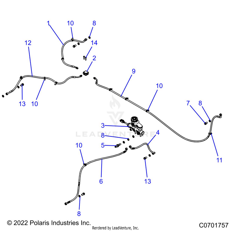 An Image of a Genuine Polaris Parts Schematic Diagram showing the schematic - BRAKES: LINES & MASTER CYLINDER - 2022 POLARIS RANGER EV