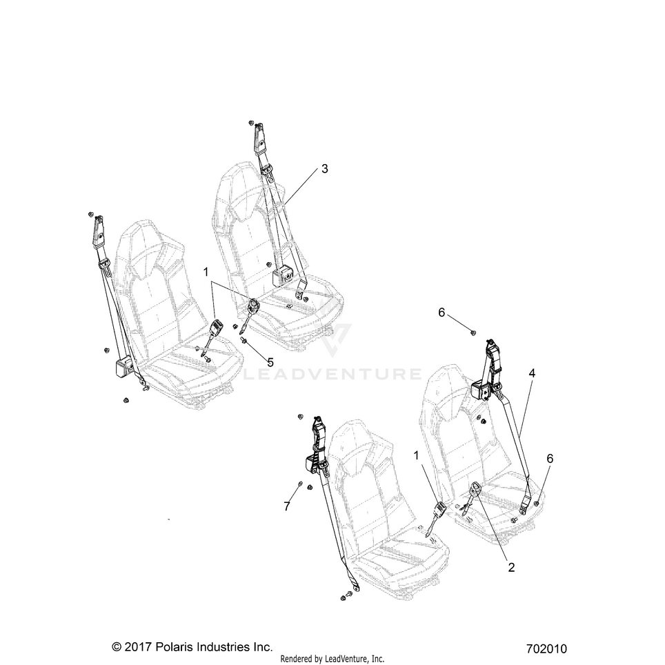 An Image of a Genuine Polaris Parts Schematic Diagram showing the schematic - BODY: SEAT BELT MOUNTING - 2020 POLARIS GENERAL 4 1000 EPS RIDE COMMAND
