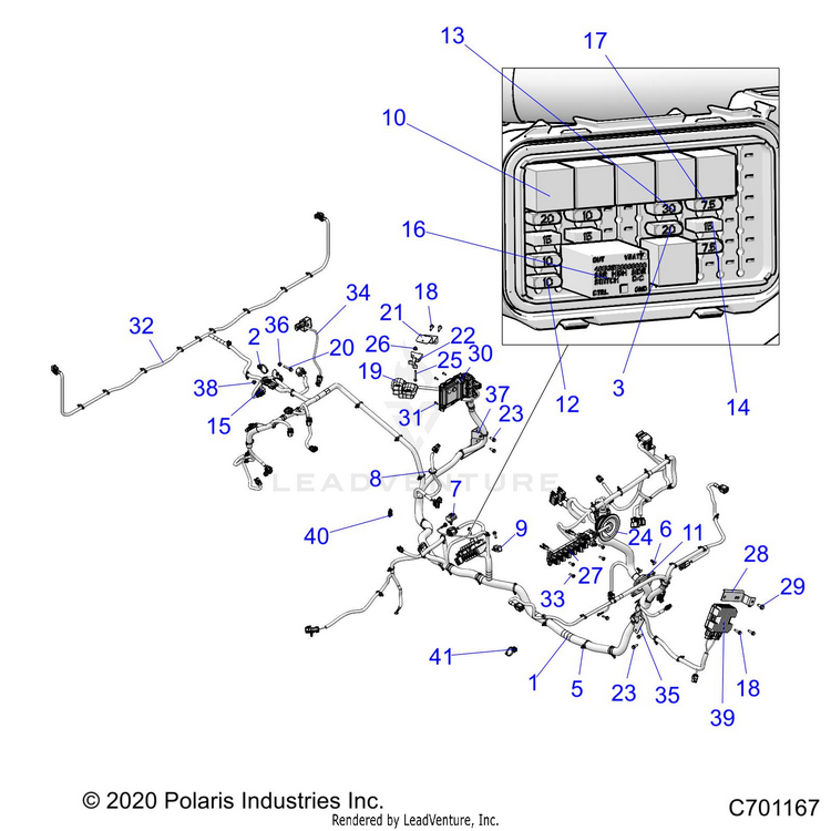 An Image of a Genuine Polaris Parts Schematic Diagram showing the schematic - ELECTRICAL: WIRE HARNESS - 2021 POLARIS RANGER XP 1000