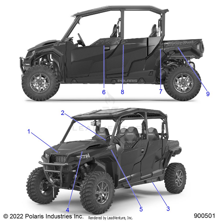 An Image of a Genuine Polaris Parts Schematic Diagram showing the schematic - BODY: DECALS (2) - 2023 POLARIS GENERAL XP 4 1000 PREMIUM