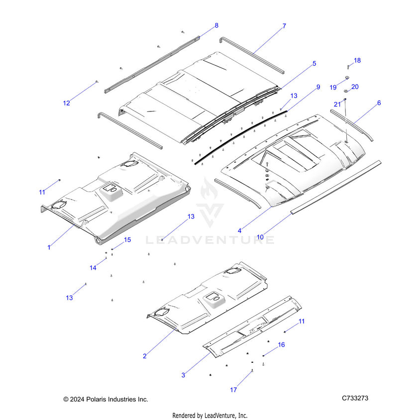 An Image of a Genuine Polaris Parts Schematic Diagram showing the schematic - BODY: ROOF - 2026 POLARIS RANGER 1000 XP CREW NORTHSTAR PREMIUM