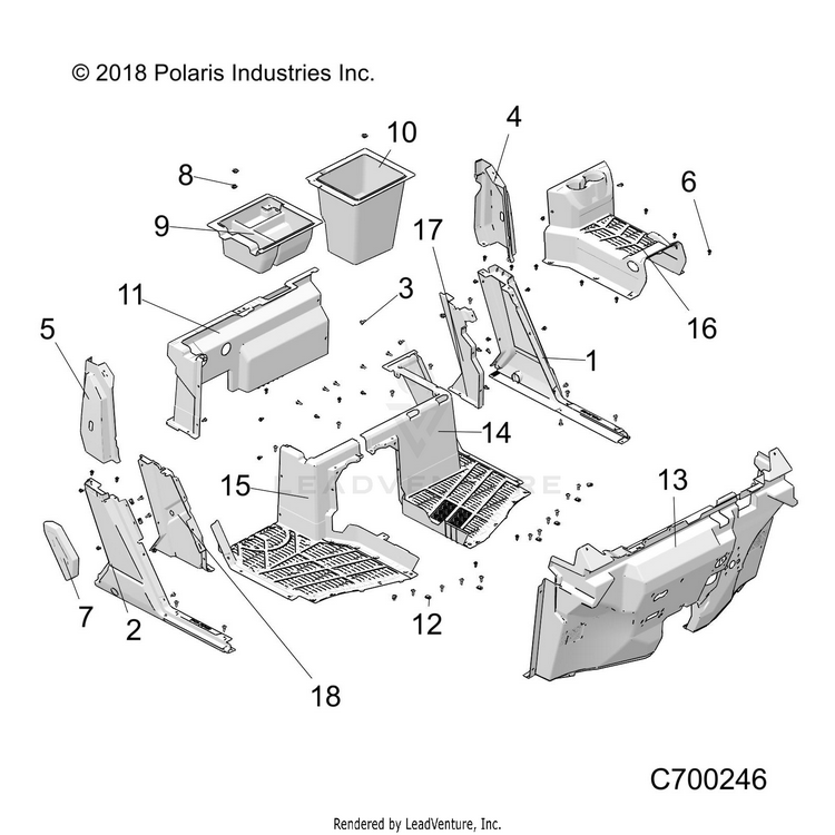 An Image of a Genuine Polaris Parts Schematic Diagram showing the schematic - BODY: FRONT FLOOR & ROCKERS - 2021 POLARIS RANGER CREW XP 1000 EPS TEXAS EDITION CA