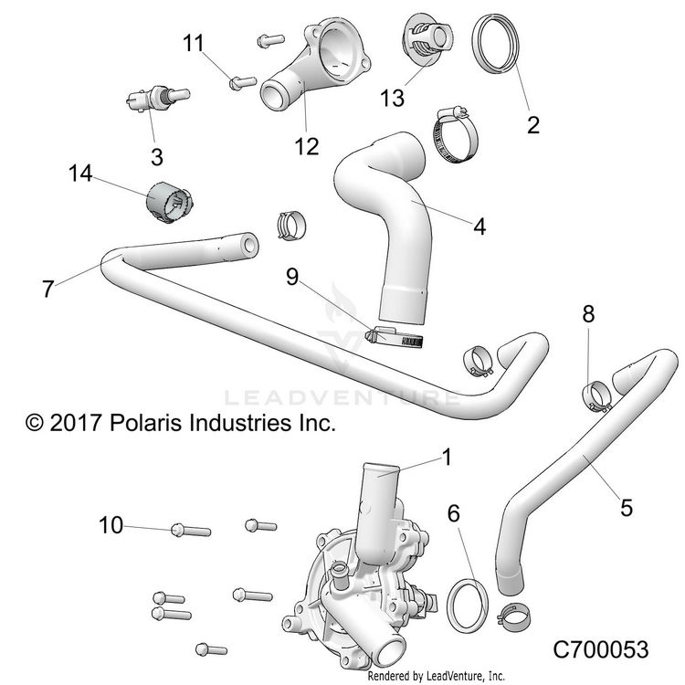 An Image of a Genuine Polaris Parts Schematic Diagram showing the schematic - ENGINE: WATERPUMP & BYPASS - 2020 POLARIS RANGER CREW XP 1000 FACTORY CHOICE