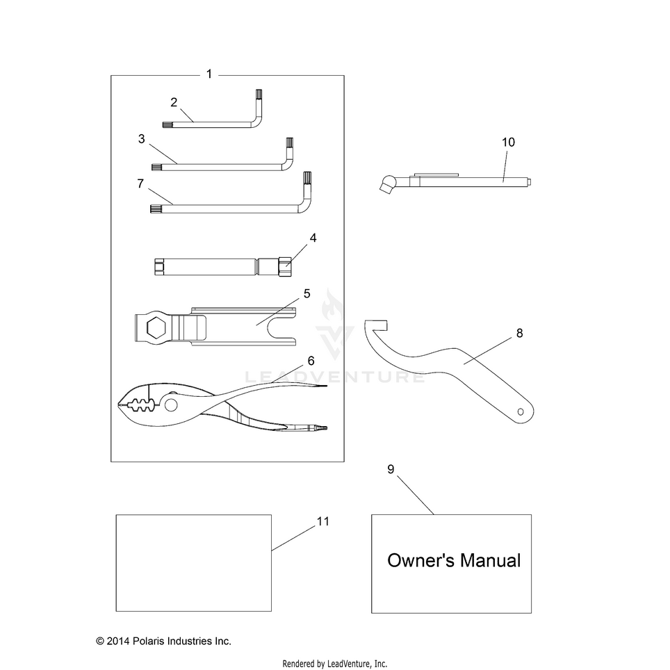 An Image of a Genuine Polaris Parts Schematic Diagram showing the schematic - REFERENCE: TOOL KIT & OWNERS MANUALS - 2015 POLARIS RANGER CREW 1000 DIESEL