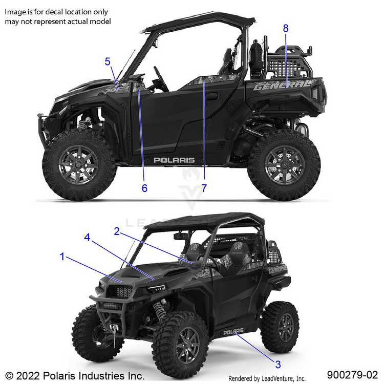 An Image of a Genuine Polaris Parts Schematic Diagram showing the schematic - BODY: DECALS - 2022 POLARIS GENERAL XP SPORT 1000 HUNTER