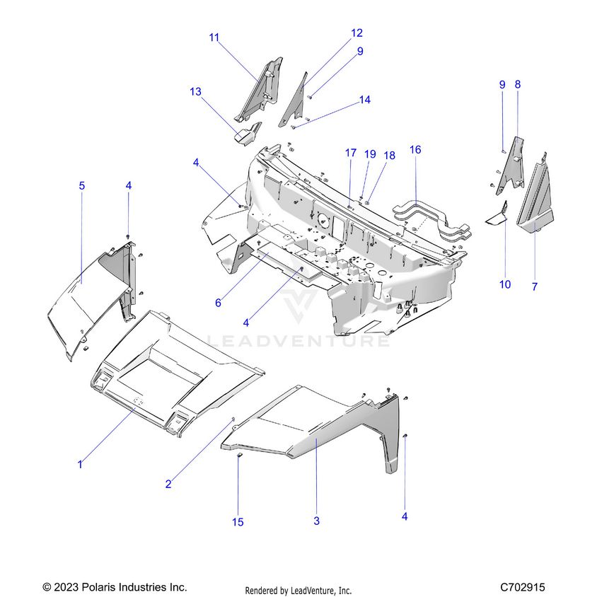 An Image of a Genuine Polaris Parts Schematic Diagram showing the schematic - BODY: HOOD LINER FRONT FENDERS PILLARS - 2024 POLARIS XPEDITION XP5 ULTIMATE